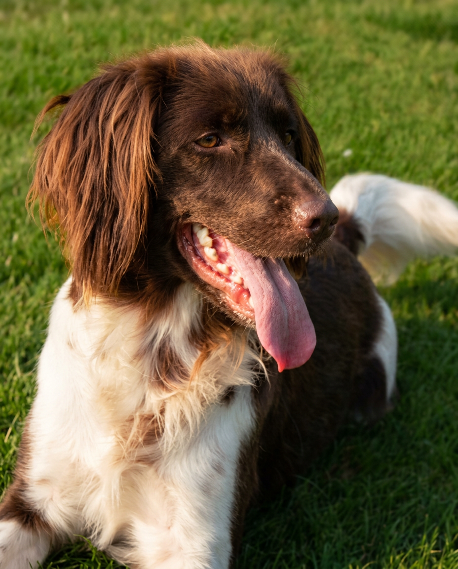 Tessa, braun-weißer Hund auf einer Wiese